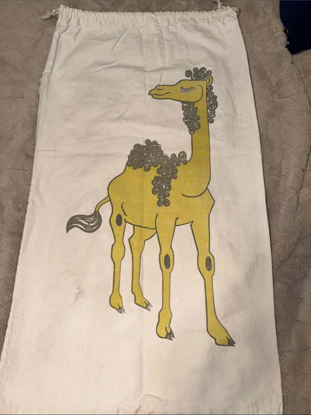Vintage Whimsical Yellow Camel Illustrated Canvas Drawstring Storage Bag 31”x17”